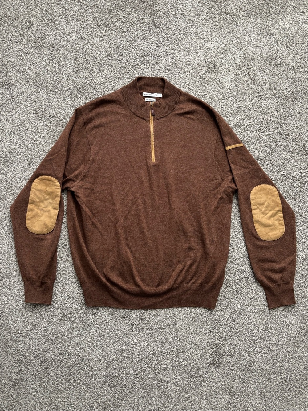 Peter Millar Brown Half-Zip Sweater with Tan Elbow Patches